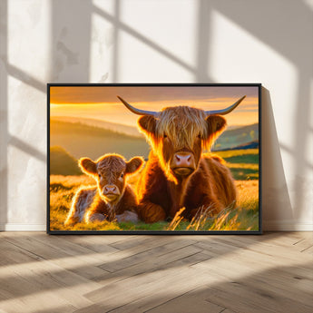 20567-MGV-CV-36X24-Highland Cow and Calf Wall Art – Rustic Farmhouse Sunset Cattle Canvas Print, Country Animal Artwork for Living Room, Bedroom, or