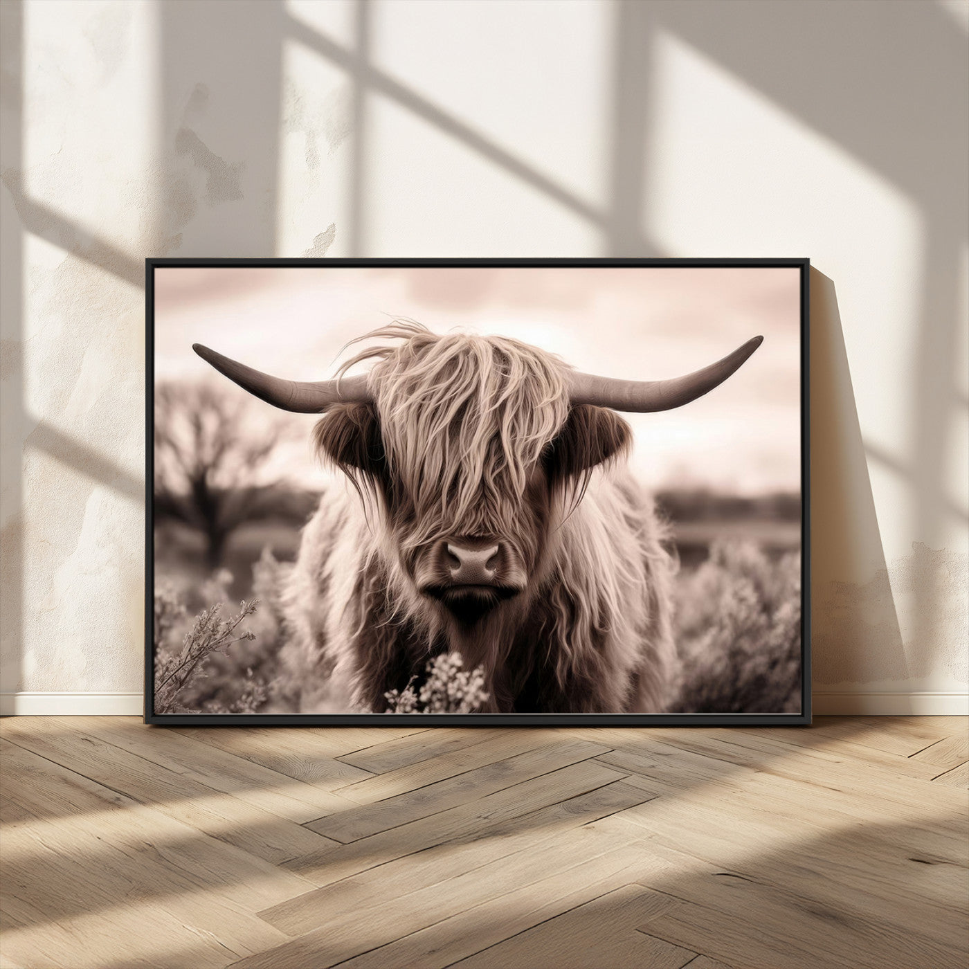 55903-MGV-CV-36X24-Highland Cow Wall Art – Rustic Sepia Scottish Highland Bull Canvas Print, Farmhouse Country Animal Decor for Living Room, Bedroom