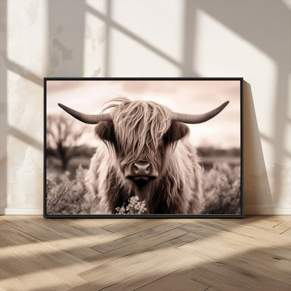 55903-MGV-CV-36X24-Highland Cow Wall Art – Rustic Sepia Scottish Highland Bull Canvas Print, Farmhouse Country Animal Decor for Living Room, Bedroom