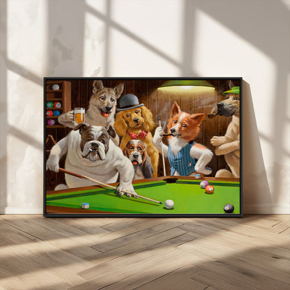 34228-MGV-FC-36X24_Black-Dogs Playing Pool Wall Art Canvas Print, Framed Funny Dog Art Picture Print, Dog Perfect Game Room Decor Artwork