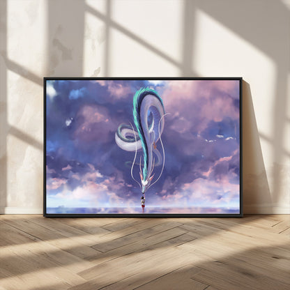 66864-MGV-CV-36X24-Fantasy Dragon Wall Art – Mystical Canvas Print Girl and Sky Serpent Dreamlike Clouds, Magical Anime Inspired Decor for Living