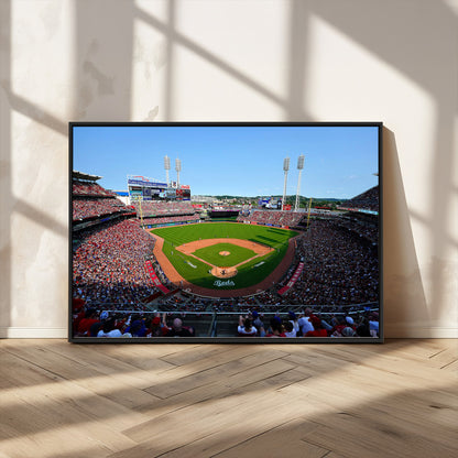 90998-MGV-CV-36X24-Baseball Stadium Wall Art – Canvas Print Day Game Field Packed Crowd Bright Blue Sky Sports Photography, Classic Decor for Game