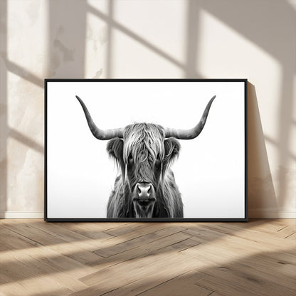 49556-MGV-CV-36X24-Highland Cow Wall Art – Black and White Scottish Highland Cattle Print, Rustic Farmhouse Minimalist Animal Portrait Canvas for