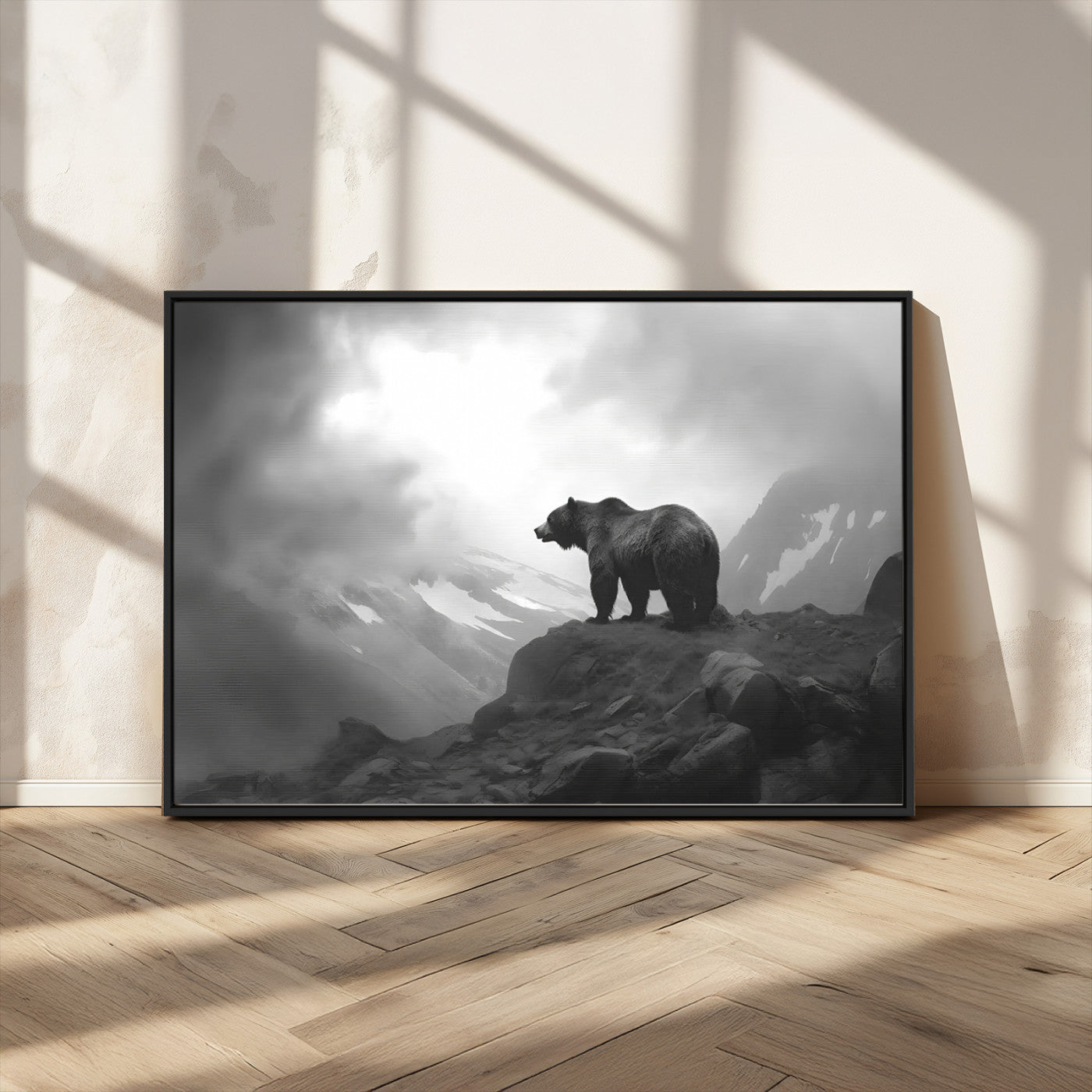 49504-MGV-CV-36X24-Black and White Grizzly Bear Wall Art – Wilderness Wildlife Painting, Rustic Mountain Cabin Decor, Monochrome Animal Print for