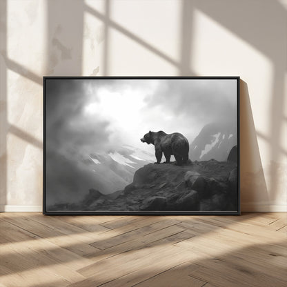 49504-MGV-CV-36X24-Black and White Grizzly Bear Wall Art – Wilderness Wildlife Painting, Rustic Mountain Cabin Decor, Monochrome Animal Print for