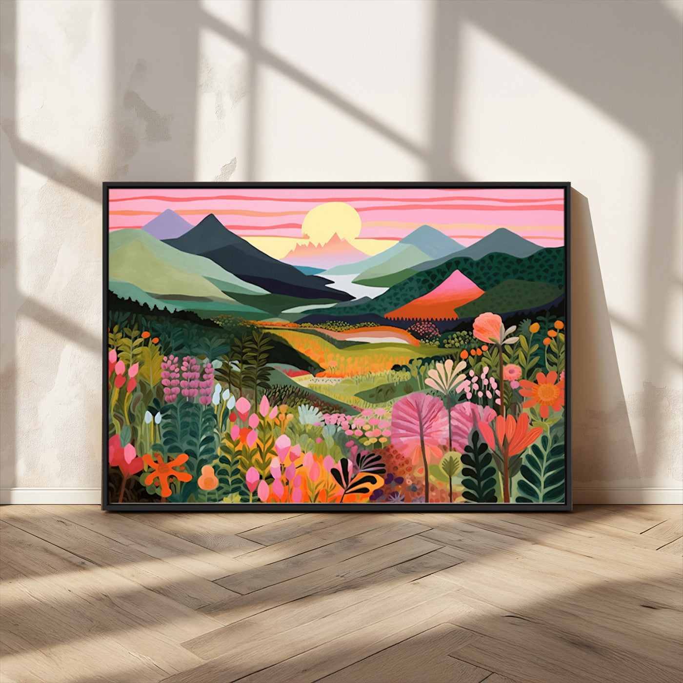 99638-MGV-FC-36X24_Black-Sunset Meadow Wall Art – Panoramic Mountain Landscape with Wildflowers Canvas Print, Vibrant Nature Decor for Living Room, Bedroom