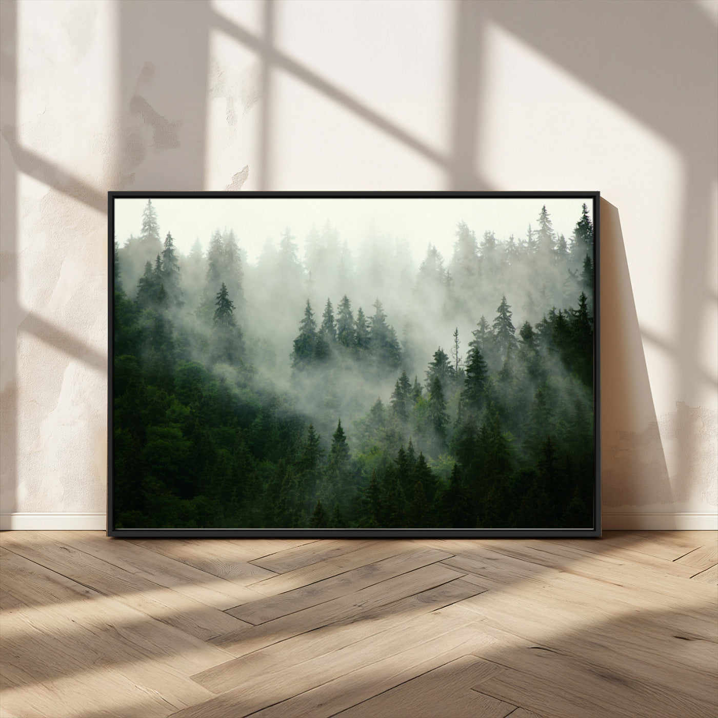 167720496-MGV-CV-36X24-Misty Forest Wall Art – Serene Evergreen Trees Canvas Print, Foggy Mountain Nature Landscape Decor for Bedroom, Living Room or