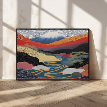 32131-MGV-CV-36X24-Japanese Mount Fuji Wall Art – Abstract Landscape Canvas Print with Swirling Sky & River, Modern Minimalist Asian Inspired Poster