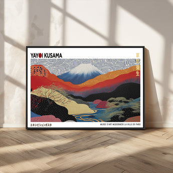 14839-MGV-FC-36X24_Black-Yayoi Kusama Wall Art – Panoramic Mountain & River Canvas Print, Modern Abstract Japanese Landscape Decor for Living Room or