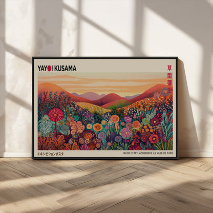 66096-MGV-FC-36X24_Black-Yayoi Kusama Wall Art – Sunset Floral Landscape Canvas Print, Vibrant Flower Garden Panorama for Living Room, Bedroom or Office