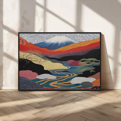 22313-MGV-FC-36X24_Black-Yayoi Kusama Wall Art – Abstract Mount Fuji Landscape Canvas Print, Vibrant Japanese Nature Scene with River, Mountains and Sky