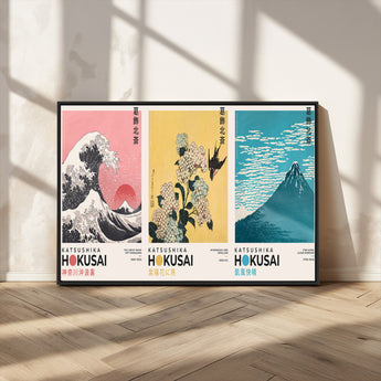 Katsushika-MGV-CV-36X24-Katsushika Hokusai Wall Art Set – The Great Wave, Hydrangea and Swallow, Fine Wind Canvas Prints, Japanese Ukiyo e Style Home and
