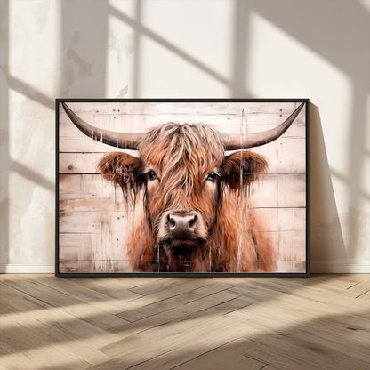93730-MGV-FC-36X24_Black-Scottish Cow Wall Art Canvas Print, Framed Longhorn Cow Art Picture Print, Highland Cattle Perfect Rustic Farmhouse Decor Artwork