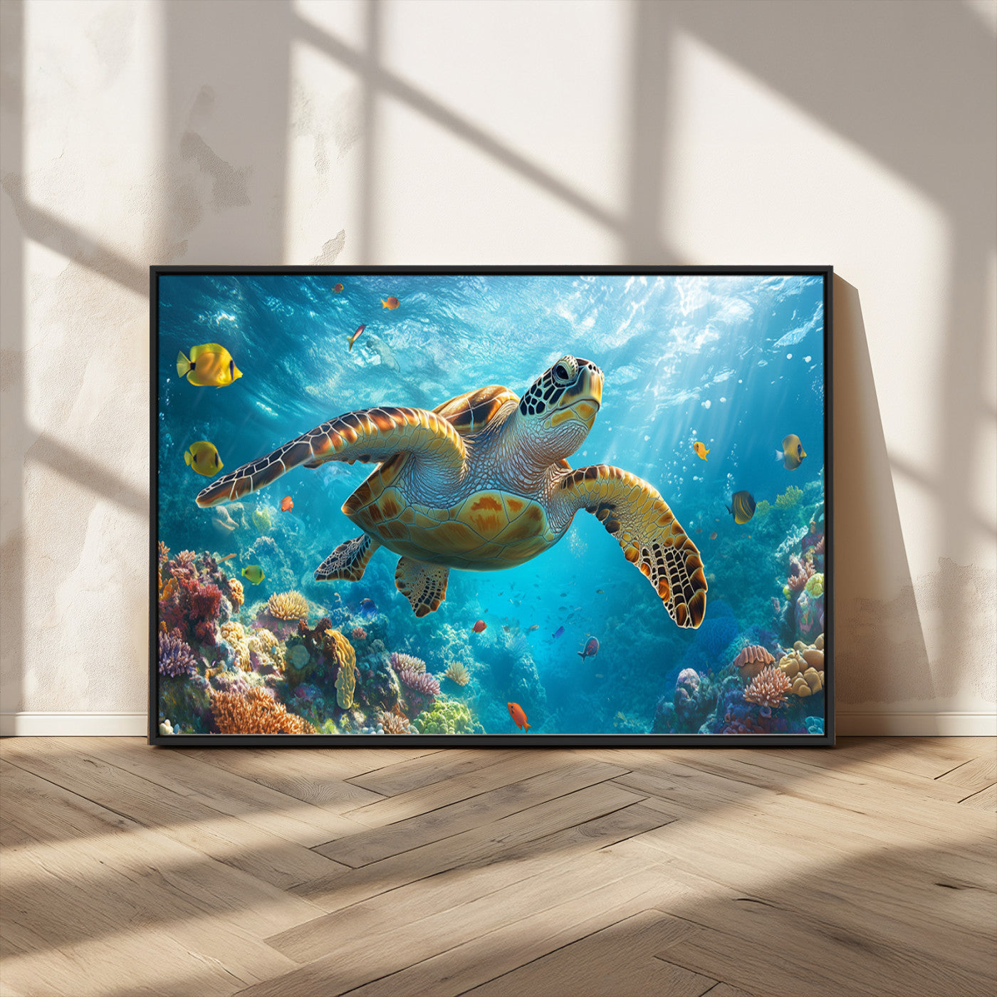 37623-MGV-CV-36X24-Sea Turtle Wall Art – Underwater Ocean Canvas Print with Coral Reef and Tropical Fish, Marine Life Painting Poster for Living