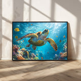 37623-MGV-CV-36X24-Sea Turtle Wall Art – Underwater Ocean Canvas Print with Coral Reef and Tropical Fish, Marine Life Painting Poster for Living