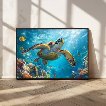 37623-MGV-CV-36X24-Sea Turtle Wall Art – Underwater Ocean Canvas Print with Coral Reef and Tropical Fish, Marine Life Painting Poster for Living