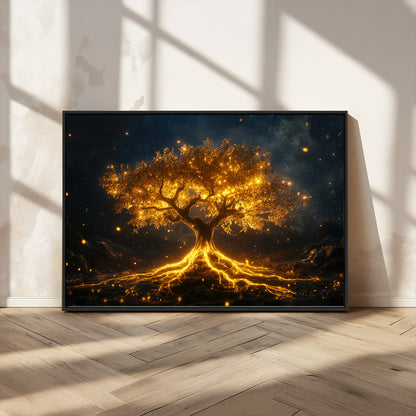 60194-MGV-CV-36X24-Glowing Tree Wall Art – Golden Roots Fantasy Canvas Print, Mystical Illuminated Tree Painting Poster for Living Room, Bedroom,