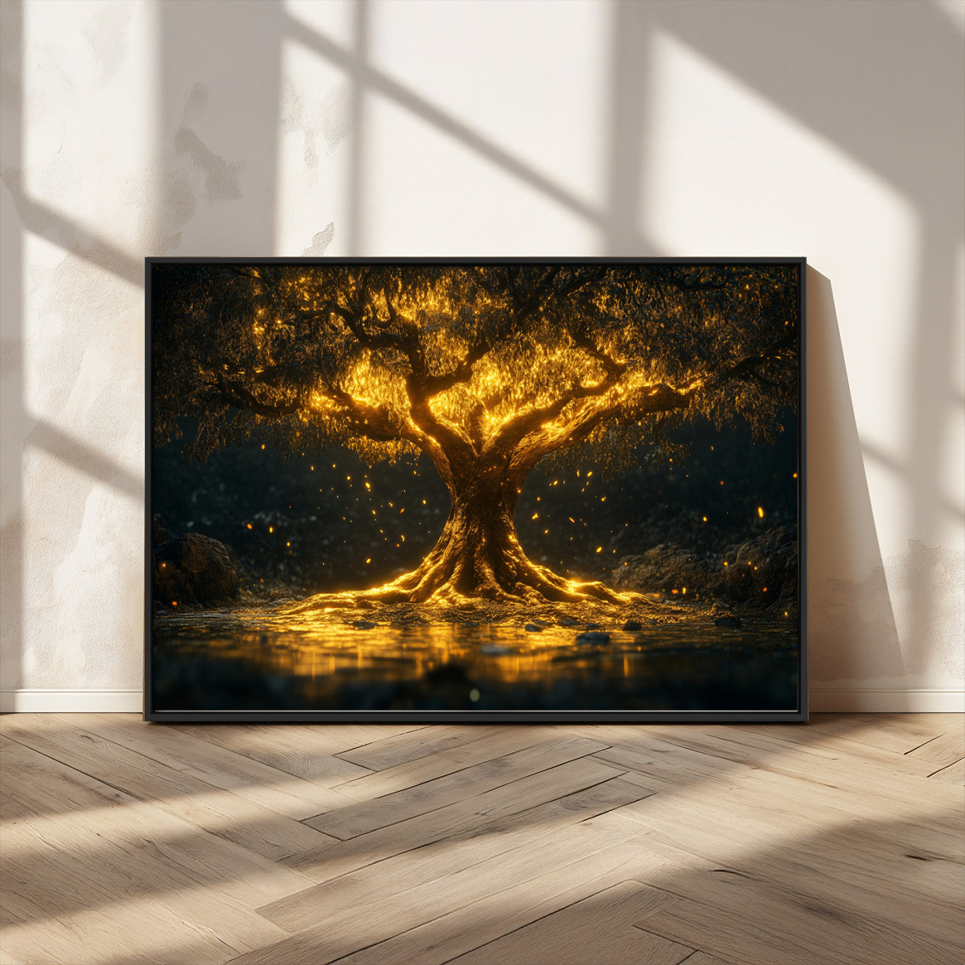59580-MGV-CV-36X24-Glowing Tree Wall Art – Golden Fantasy Nature Canvas Print, Mystical Illuminated Tree Painting Poster for Living Room, Bedroom,