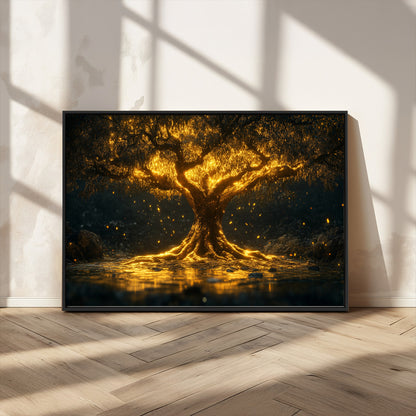 59580-MGV-CV-36X24-Glowing Tree Wall Art – Golden Fantasy Nature Canvas Print, Mystical Illuminated Tree Painting Poster for Living Room, Bedroom,
