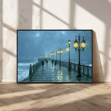 79606-MGV-CV-36X24-Rainy Pier Night Wall Art – Ocean Waves and Street Lamps Canvas Print, Moody Seascape Oil Painting Poster for Living Room,