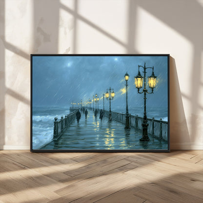 79606-MGV-CV-36X24-Rainy Pier Night Wall Art – Ocean Waves and Street Lamps Canvas Print, Moody Seascape Oil Painting Poster for Living Room,