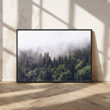 42578900-MGV-FC-36X24_Black-Misty Pine Forest Wall Art – Tranquil Foggy Mountain Canvas Print, Nature Landscape Décor for Bedroom, Living Room, Cabin or
