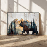 90077-MGV-CV-36X24-Wood Grizzly Bear Wall Art Canvas Print, Framed Abstract Bear Art Picture Print, Bear in Forest Perfect Rustic Lodge Decor Artwork