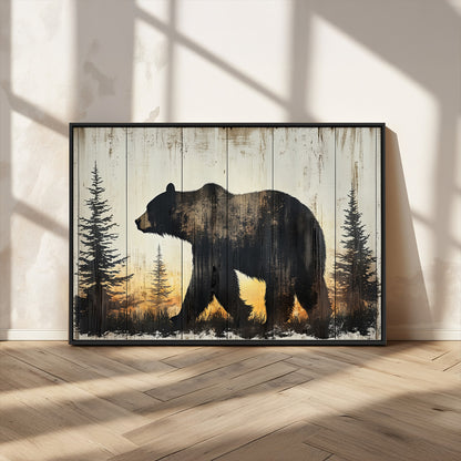 83875-MGV-CV-36X24-Sunset Bear Wall Art – Rustic Wildlife Canvas Print with Forest Silhouette, Cabin Lodge Decor for Living Room or Office