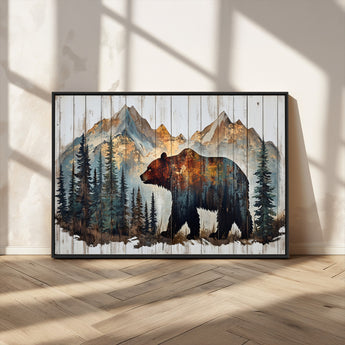 55777-MGV-CV-36X24-Rustic Bear Wall Art Canvas Print, Framed Mountain and Forest Art Picture Print, Wooden Bear Perfect Rustic Lodge Decor Artwork