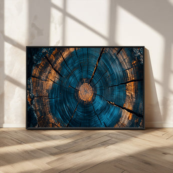 65231-MGV-CV-36X24-Blue and Gold Tree Ring Wall Art – Rustic Abstract Wood Slice Canvas Print, Modern Nature Inspired Artwork for Living Room,