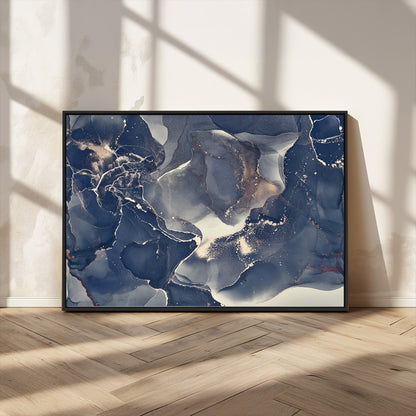 28282-MGV-FC-36X24_Black-Blue Abstract Wall Art – Modern Ink Swirl Canvas Print, Contemporary Navy and Gold Painting for Living Room, Bedroom, Office or