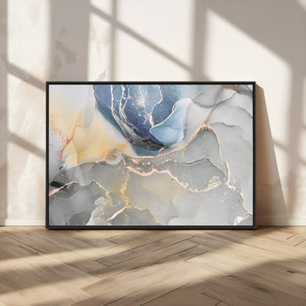 18176-MGV-CV-36X24-Abstract Fluid Wall Art – Modern Marble Ink Canvas Print with Blue, Gold, and Gray Tones, Contemporary Minimal Artwork Decor for