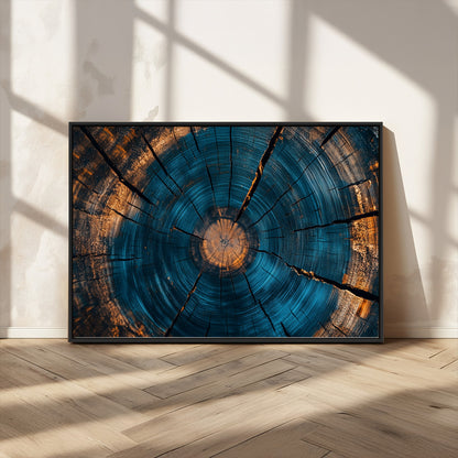 13398-MGV-CV-36X24-Tree Ring Wall Art – Abstract Wood Grain Canvas Print with Blue and Orange Accents, Rustic Nature Inspired Artwork for Living