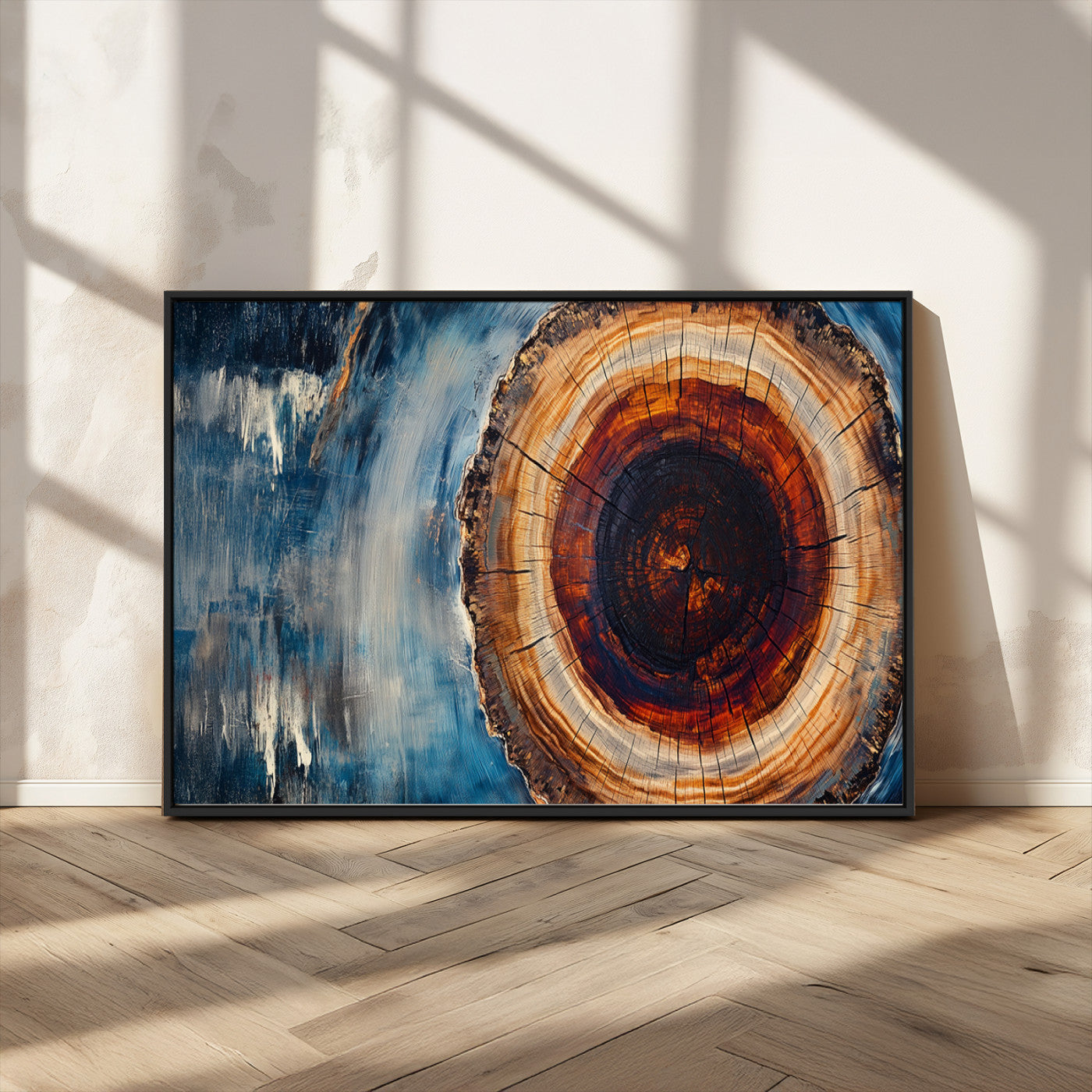 48045-MGV-FC-36X24_Black-Tree Ring Abstract Wall Art – Rustic Wood Grain Canvas Print with Brown Center and Blue Brush Strokes, Nature Inspired Artwork for