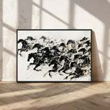 23069-MGV-CV-36X24-Galloping Horses Wall Art – Black Ink Painting on Canvas, Dynamic Equestrian Artwork with Running Stallions, Expressive Modern