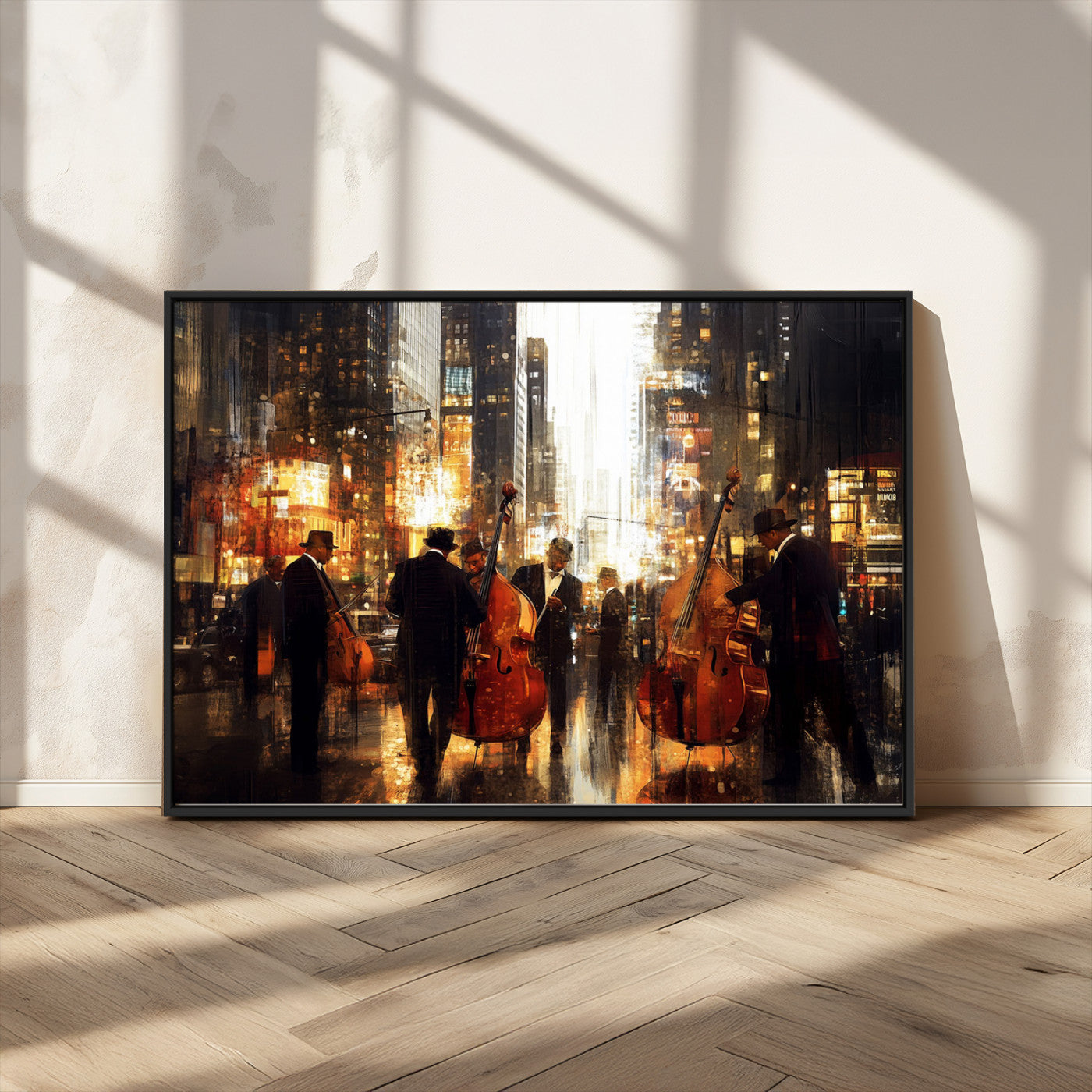 58782-MGV-FC-36X24_Black-Jazz Musicians Cityscape Wall Art – Vibrant Urban Night Canvas Print, Elegant Music Themed Decor for Living Room, Office, or Music