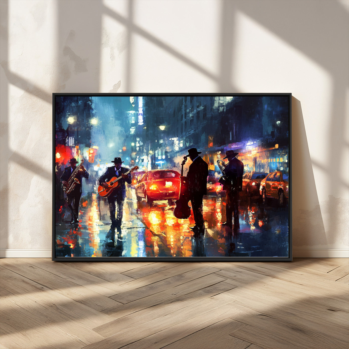 94605-MGV-CV-36X24-City Jazz Night Wall Art – Vibrant Music Canvas Print Featuring Saxophone, Guitar and Bass Players, Urban Street Scene Artwork for
