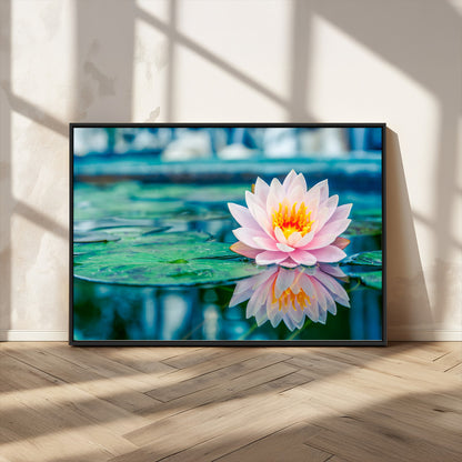 65933-MGV-CV-36X24-Pink Water Lily Wall Art – Lotus Flower Canvas Print with Reflection on Calm Water, Peaceful Botanical Artwork for Living Room,