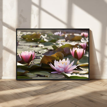 72218-MGV-CV-36X24-Water Lily Pond Wall Art – Pink Lotus Flowers Canvas Print with Green Lily Pads, Peaceful Botanical Artwork for Living Room,