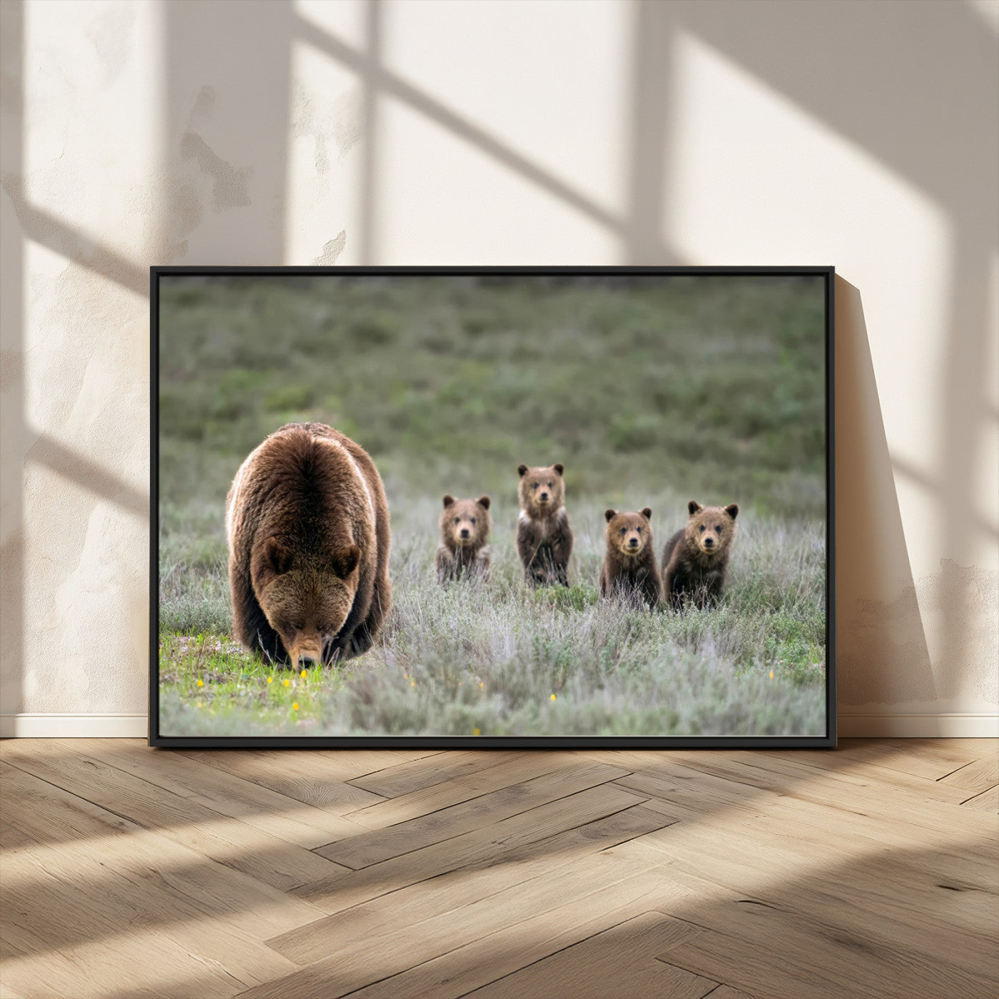65087B-MGV-CV-36X24-Bear Family Wall Art – Wildlife Canvas Print Featuring Mother Bear with Cubs in Nature, Rustic Animal Artwork for Living Room,