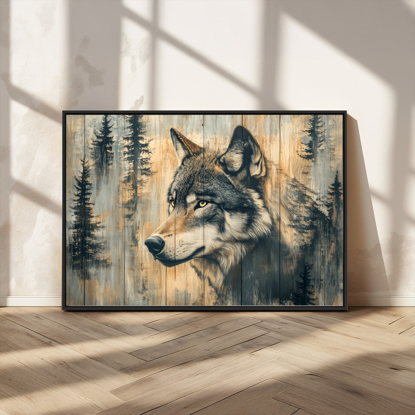 51892-MGV-FC-36X24_Black-Wolf Wall Art – Rustic Canvas Print of Wolf with Forest Trees on Wood Texture, Wildlife Lodge Artwork for Living Room, Bedroom,