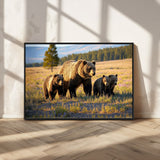 43400-MGV-FC-36X24_Black-Bear Family Wall Art – Wildlife Canvas Print of Mother Bear with Cubs in Sunlit Meadow, Rustic Animal Artwork for Living Room,