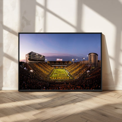 82557-MGV-FC-36X24_Black-College Football Stadium Wall Art – Panoramic Sunset Canvas Print with Marching Band and Game Day Crowd, Sports Artwork for Man
