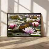 28394-MGV-FC-36X24_Black-Water Lily Pond Wall Art – Pink Lotus Flowers Canvas Print with Green Lily Pads, Peaceful Botanical Artwork for Living Room,