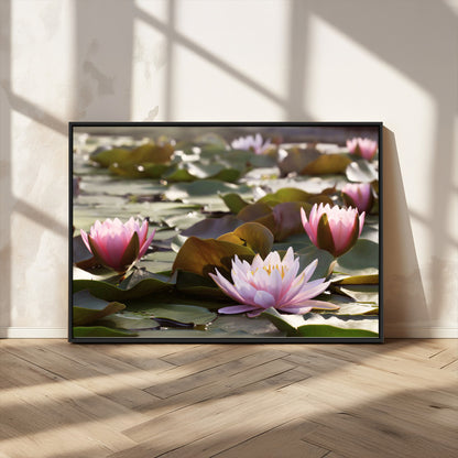 28394-MGV-FC-36X24_Black-Water Lily Pond Wall Art – Pink Lotus Flowers Canvas Print with Green Lily Pads, Peaceful Botanical Artwork for Living Room,