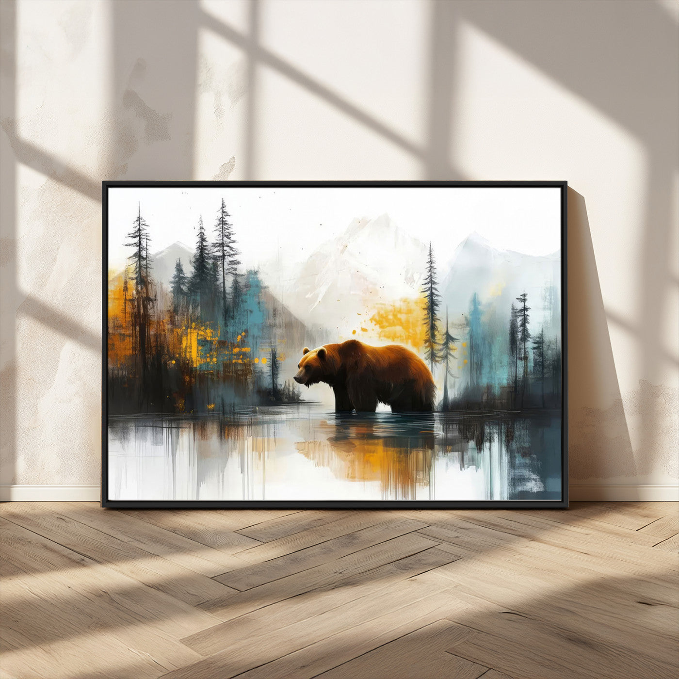 50308-MGV-CV-36X24-Abstract Rustic Bear Wall Art – Forest and Mountain Scene Canvas Print, Nature Artwork for Modern Farmhouse or Log Cabin Decor