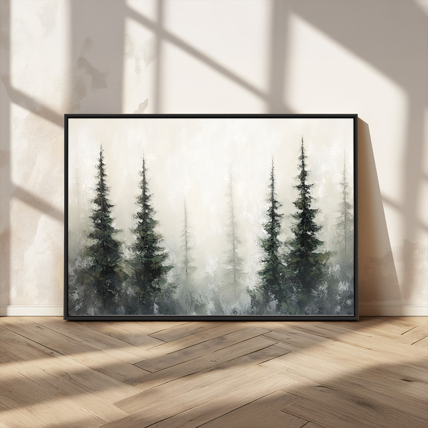 33241-MGV-CV-36X24-Misty Forest Wall Art Canvas Print, Framed Foggy Pines Art Picture Print, Forest Haze Perfect Rustic Minimalist Decor Artwork