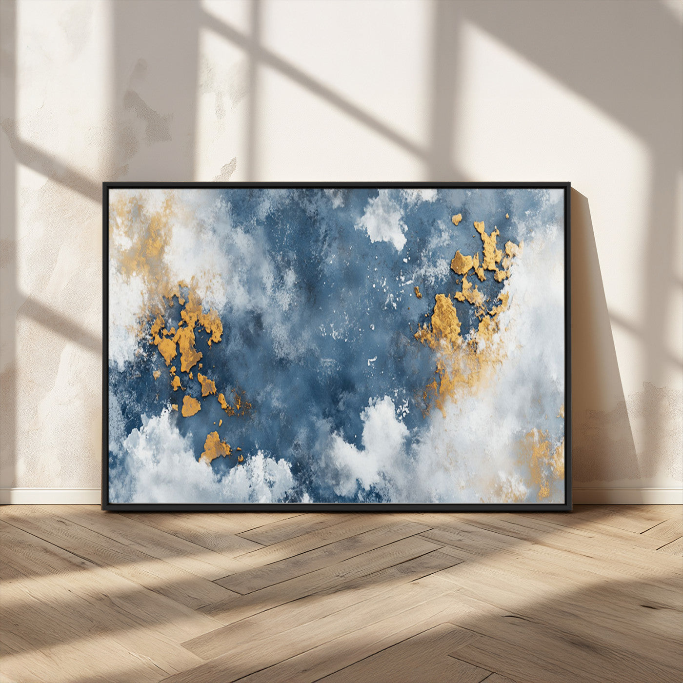 39575-MGV-CV-36X24-Blue and Gold Abstract Wall Art – Modern Canvas Print Featuring Cloudy Textures with Metallic Accents, Contemporary Artwork for