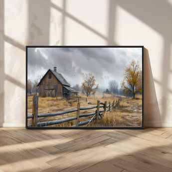 Farm1-MGV-CV-36X24-Rustic Autumn Farmhouse Wall Art – Serene Countryside Scene Canvas Print, Weathered Barn and Autumn Trees Decor for Living Room,