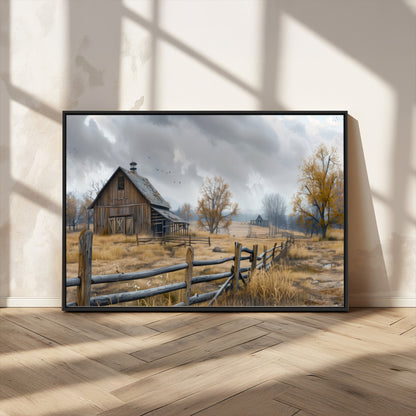 Farm1-MGV-CV-36X24-Rustic Autumn Farmhouse Wall Art – Serene Countryside Scene Canvas Print, Weathered Barn and Autumn Trees Decor for Living Room,